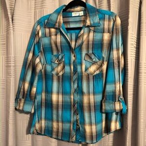 Cato blue and beige flannel 3/4 sleeve button up 14/16